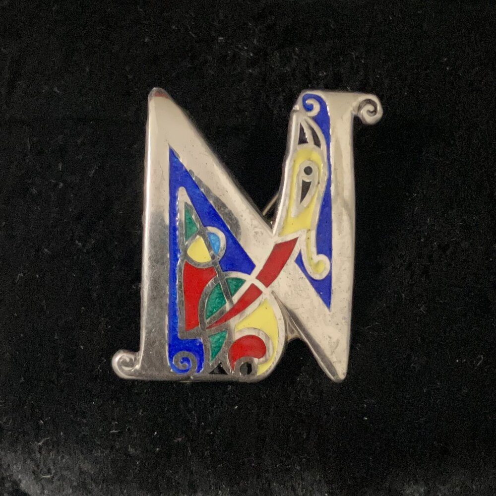 Vintage Silver Enamel Celtic Style "N" Letter Brooch
